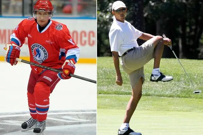 Путин с 6 гола на хокей, Обама едва вкарва 6 топки на голф