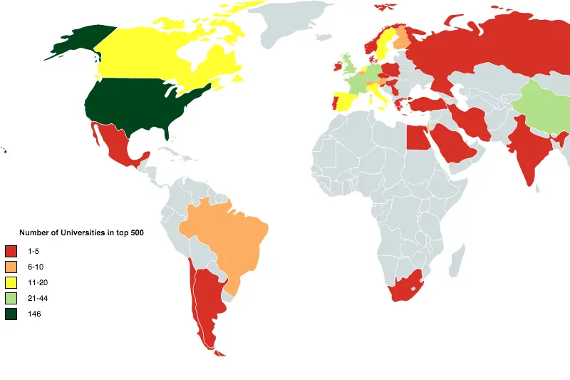 Карта на качественото висше образование в света (Не търсете България)