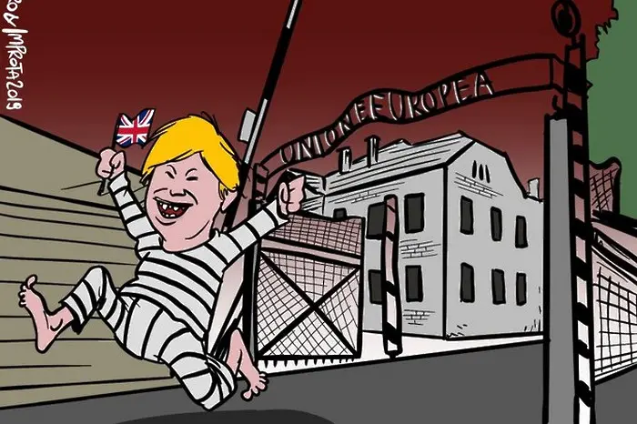 Карикатурист рисува ЕС като концлагер, а Джонсън като беглец от него